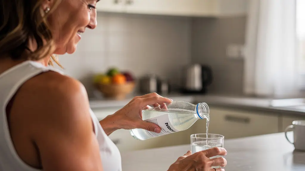 Femme versant un gel d'aloe vera bio dans un verre durant sa routine matinale
