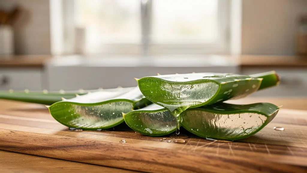 Feuilles d'aloe vera bio coupées révélant le gel translucide sur planche en bois, cuisine française