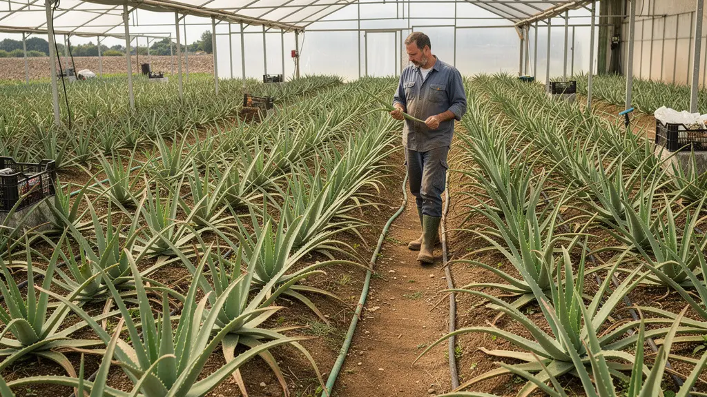 Culture d'aloe vera bio sous serre en France avec agriculteur inspectant les plants