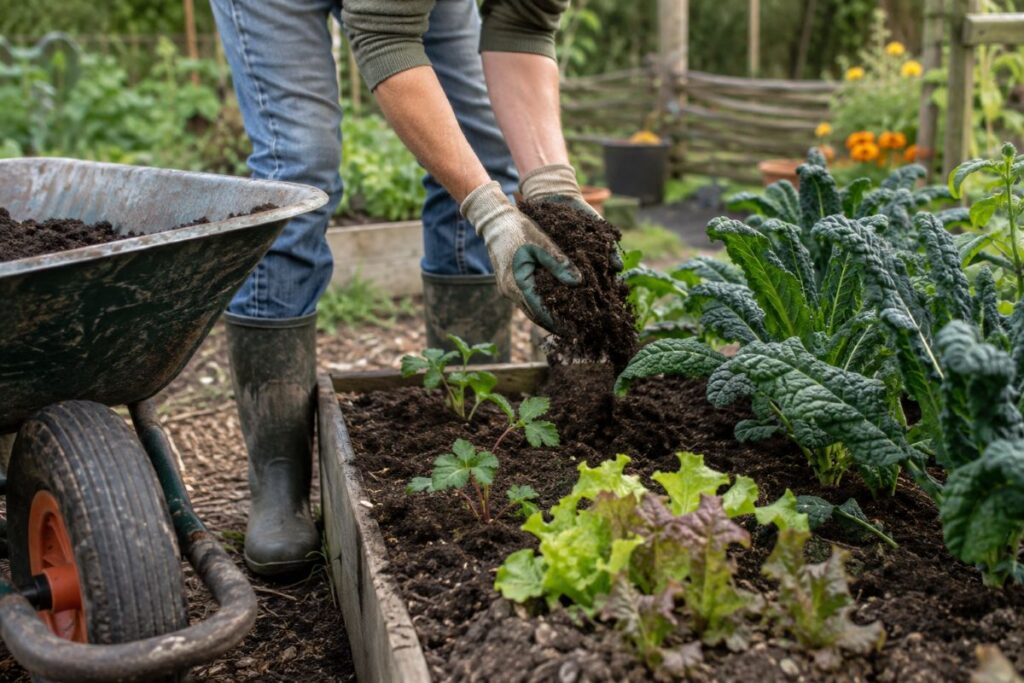 Compost de crottin de cheval mûr utilisé comme amendement au jardin