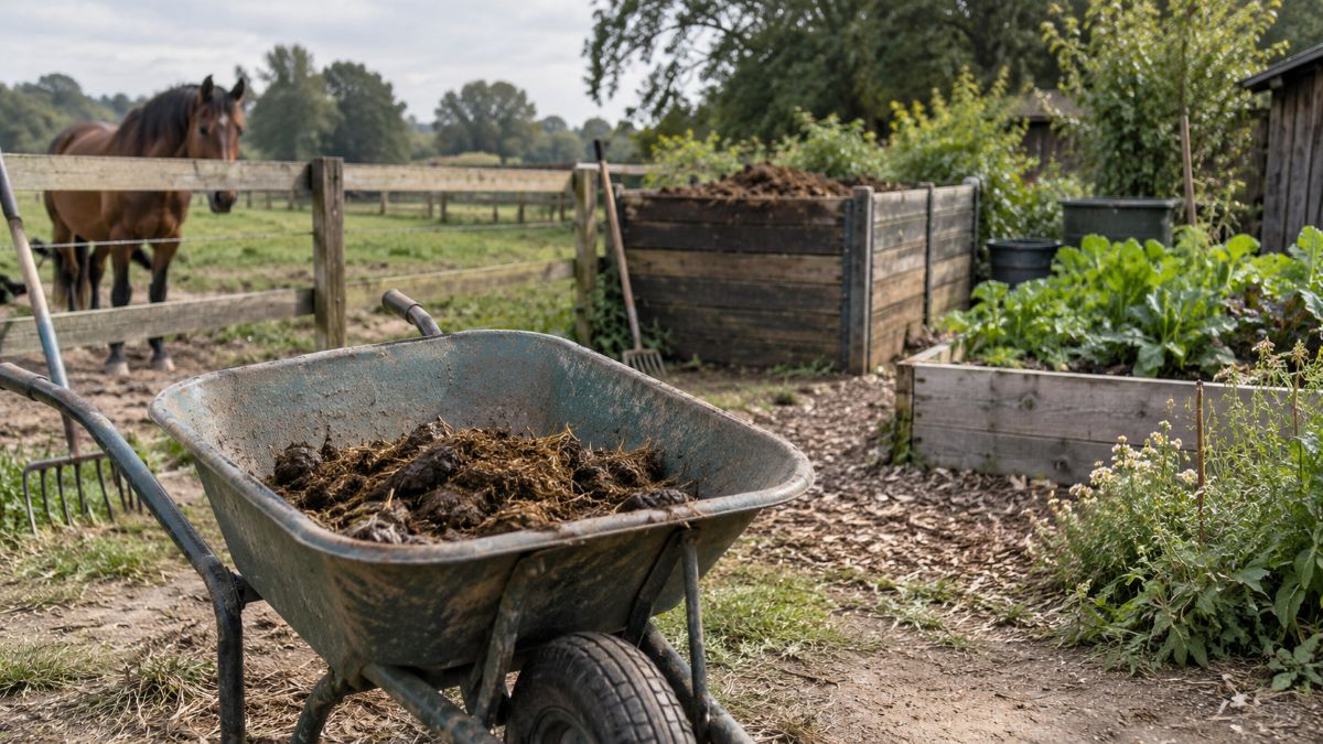 Crottin de cheval ramassé dans une brouette près d’un paddock et d’une zone de compostage