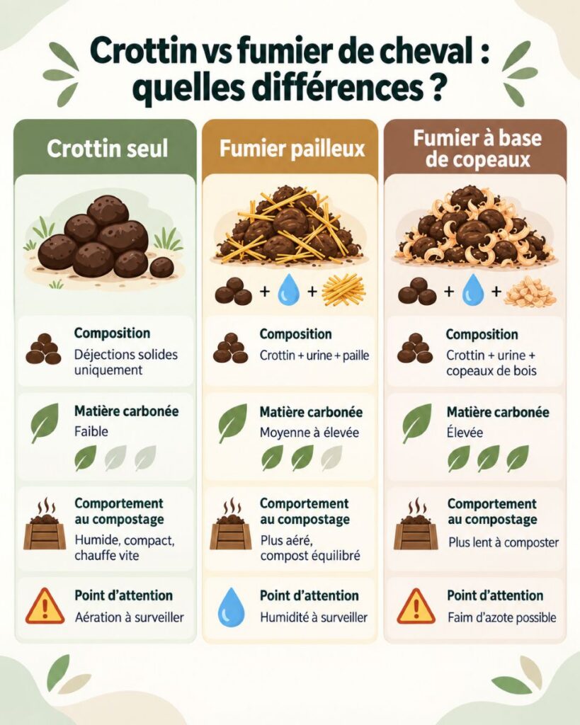 Différences entre crottin de cheval, fumier pailleux et fumier à base de copeaux