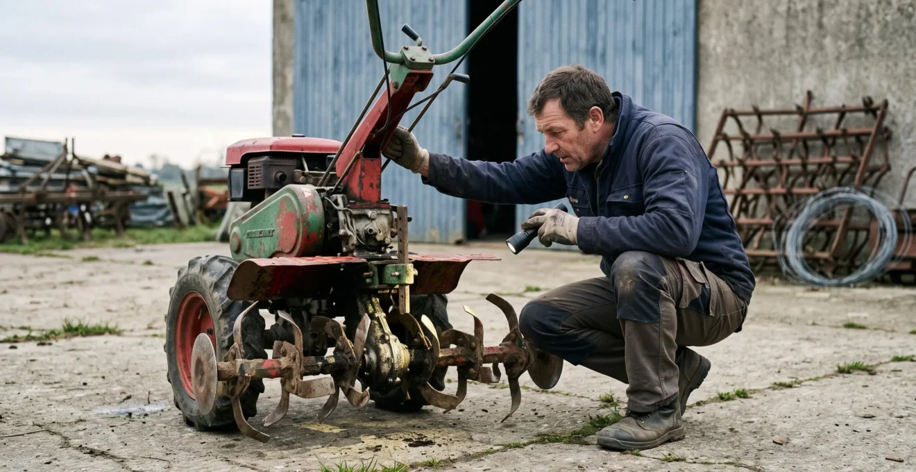 Un acheteur examine de près les organes mécaniques d'un motoculteur d'occasion dans une cour de ferme.