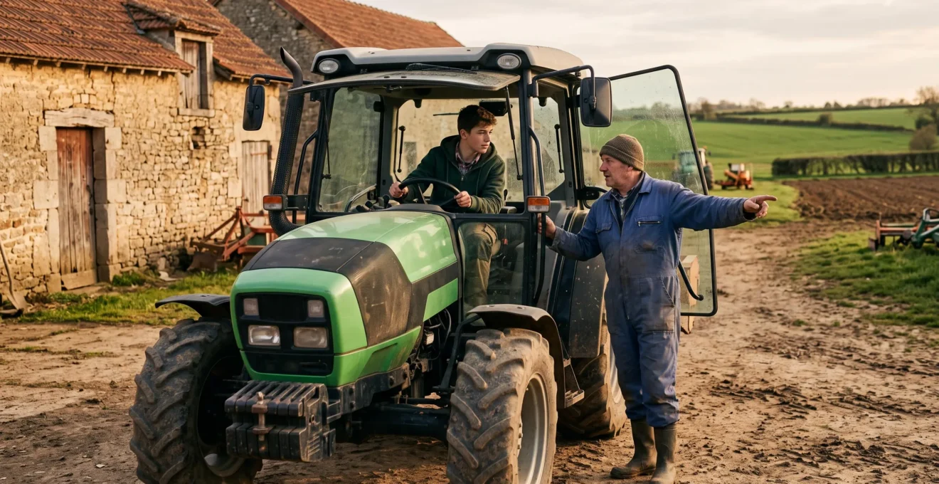 Un adolescent au volant d'un tracteur agricole dans une cour de ferme, accompagné d'un adulte qui lui donne des explications.