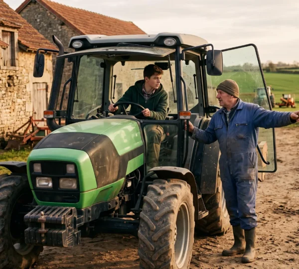 Un adolescent au volant d'un tracteur agricole dans une cour de ferme, accompagné d'un adulte qui lui donne des explications.