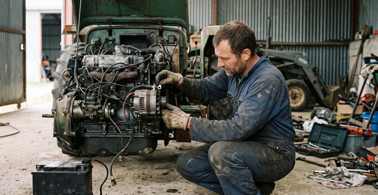 Un agriculteur raccorde le faisceau électrique sur l'alternateur d'un tracteur dans un hangar agricole, la batterie débranchée à proximité.