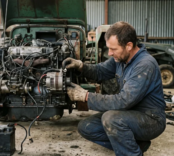 Un agriculteur raccorde le faisceau électrique sur l'alternateur d'un tracteur dans un hangar agricole, la batterie débranchée à proximité.