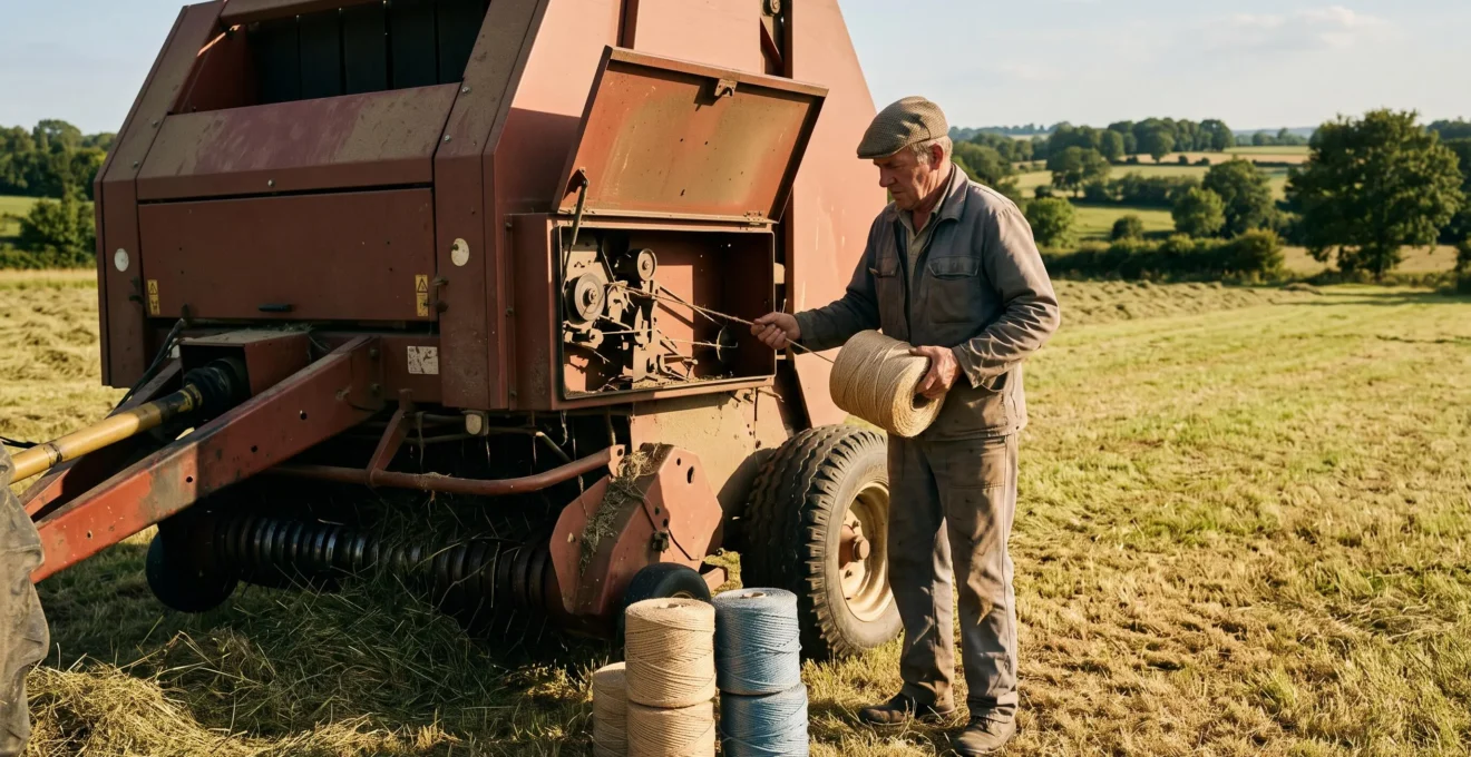 Un agriculteur charge une bobine de ficelle dans la chambre d'une presse à balles rondes au bord d'une prairie de fauche.