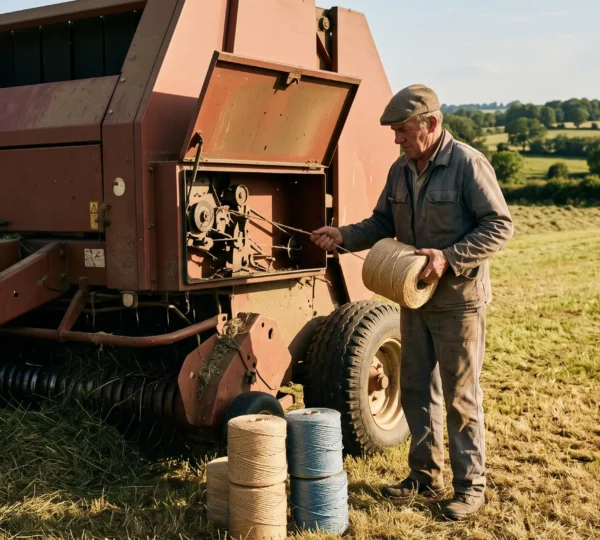 Un agriculteur charge une bobine de ficelle dans la chambre d'une presse à balles rondes au bord d'une prairie de fauche.
