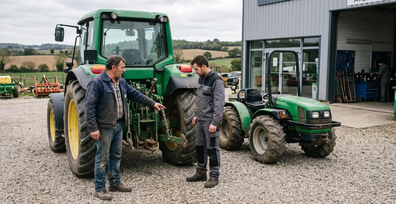 Un agriculteur et un technicien échangent devant deux tracteurs de tailles différentes stationnés dans une concession agricole.