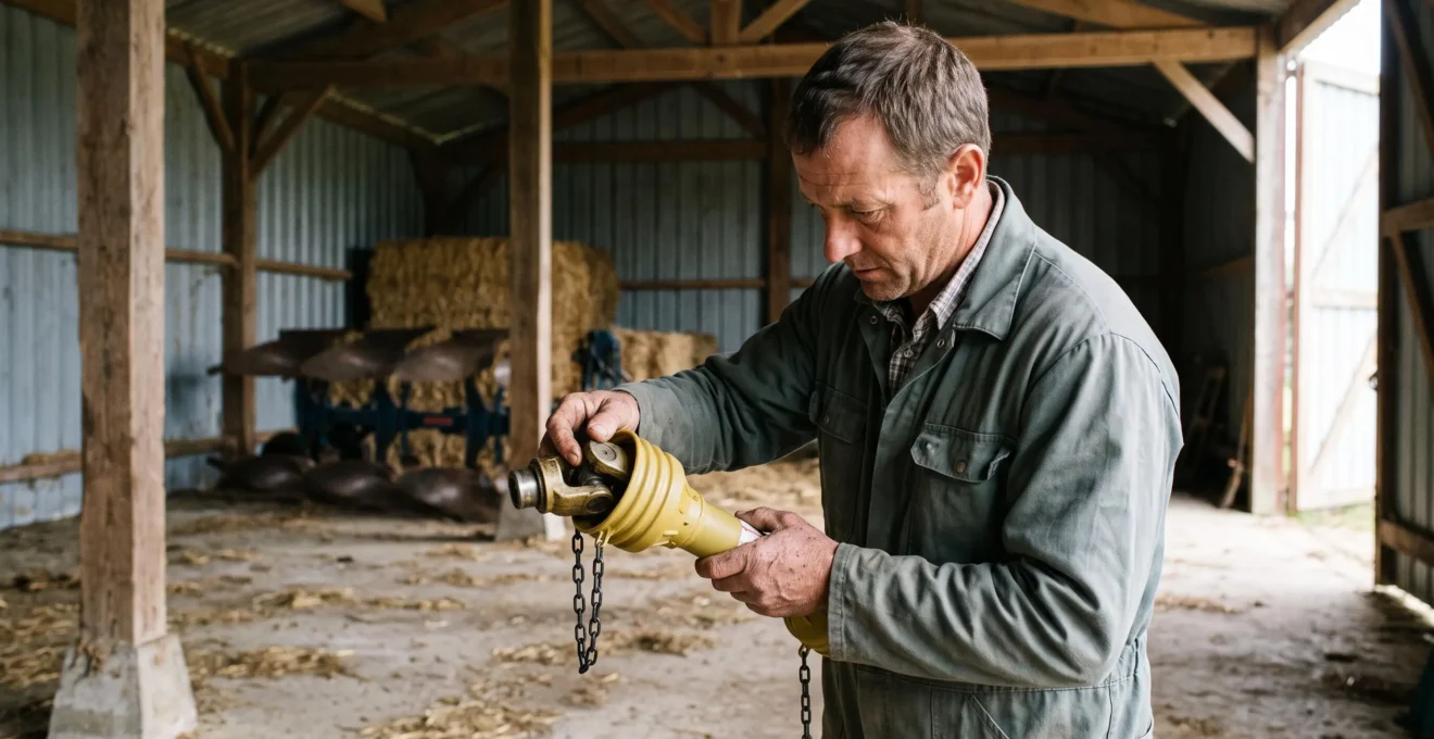 Un agriculteur contrôle les extrémités d'un cardan agricole neuf dans une grange avant de l'installer.