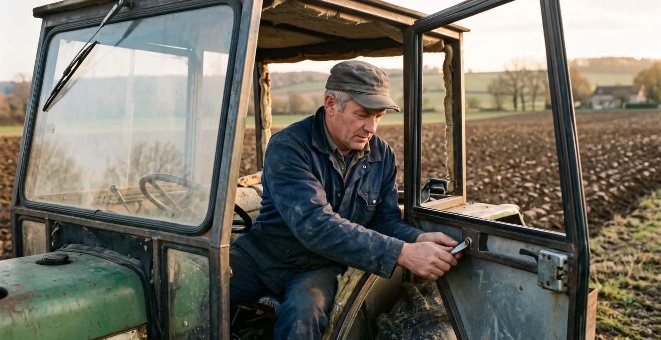 Un agriculteur assis dans une cabine de tracteur artisanale vérifie le mécanisme de la porte au bord d'un champ labouré.