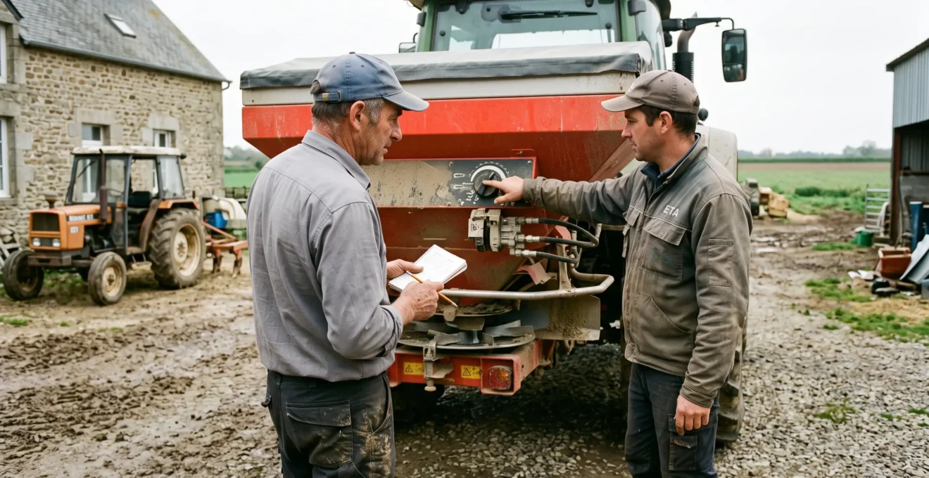 Un agriculteur et un entrepreneur de travaux agricoles discutent devant un épandeur d'engrais monté sur un tracteur, dans une cour de ferme céréalière.