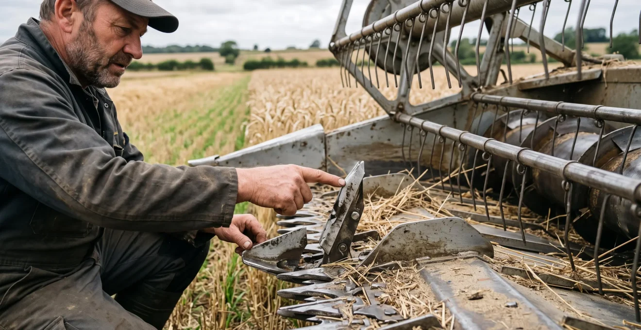 Un agriculteur inspecte la lame d'une barre de coupe de moissonneuse-batteuse en bord de champ.