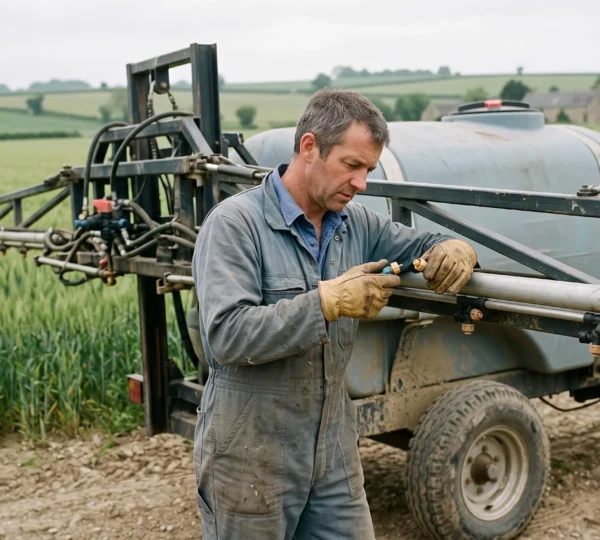 Un agriculteur examine la buse d'un pulvérisateur arrêté en bordure d'un champ de céréales en France.