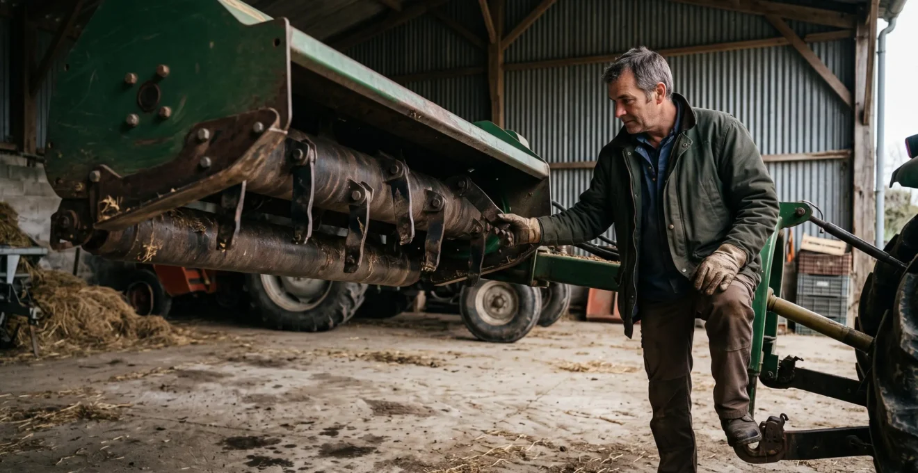 Un agriculteur inspecte l'usure des fléaux sous le carter de son broyeur à fléaux dans une grange.