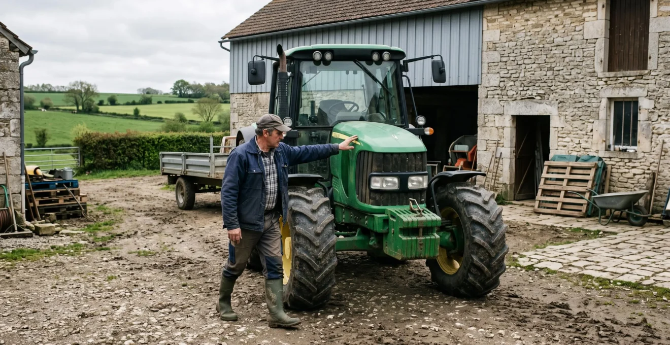 Un agriculteur inspecte un tracteur stationné devant un bâtiment d'exploitation à la campagne française.