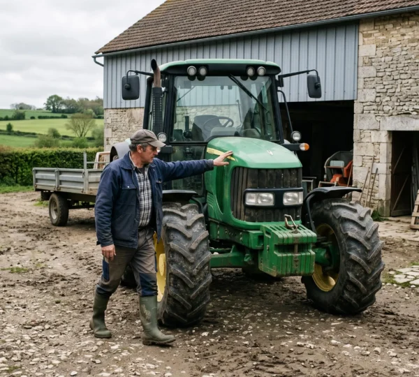 Un agriculteur inspecte un tracteur stationné devant un bâtiment d'exploitation à la campagne française.