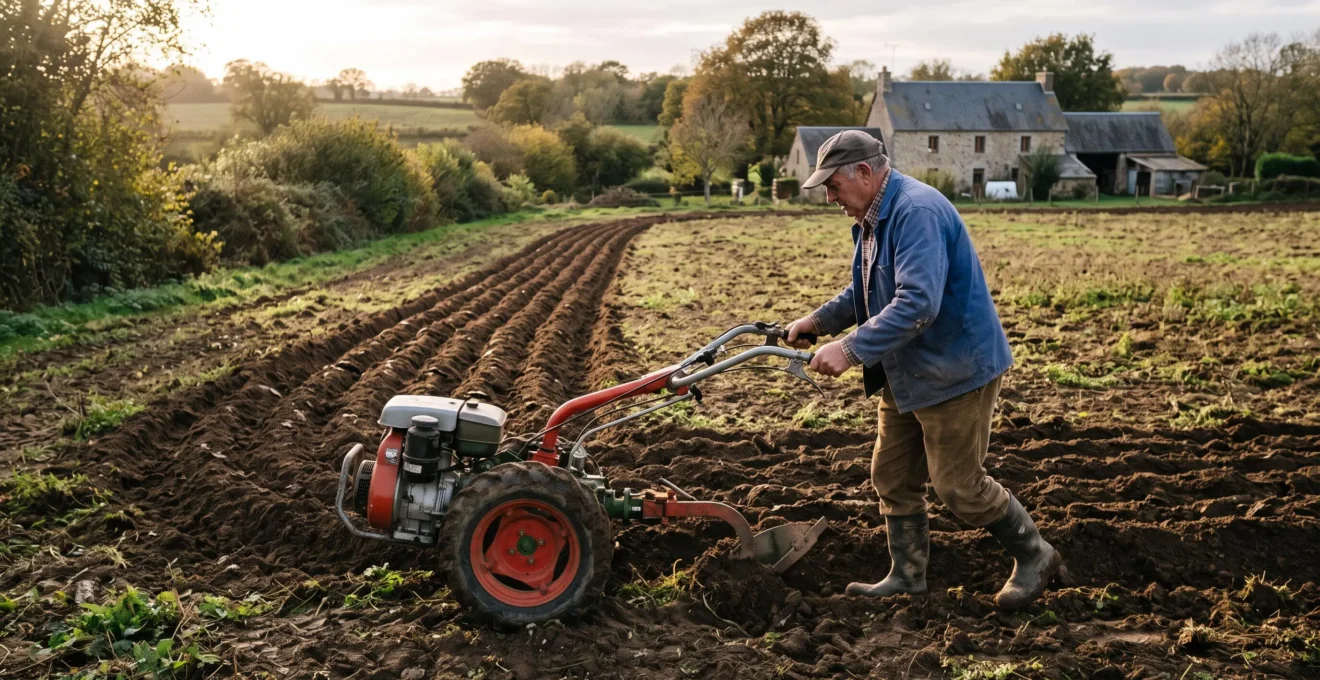 Un agriculteur laboure une parcelle avec une charrue simple tractée par un motoculteur, laissant derrière lui des sillons réguliers.