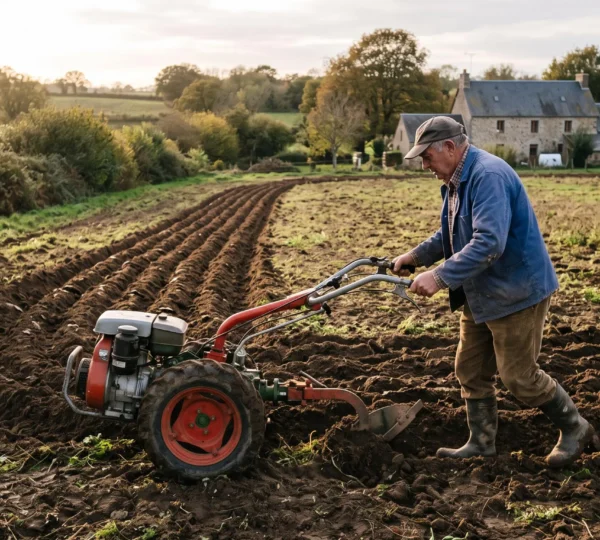 Un agriculteur laboure une parcelle avec une charrue simple tractée par un motoculteur, laissant derrière lui des sillons réguliers.