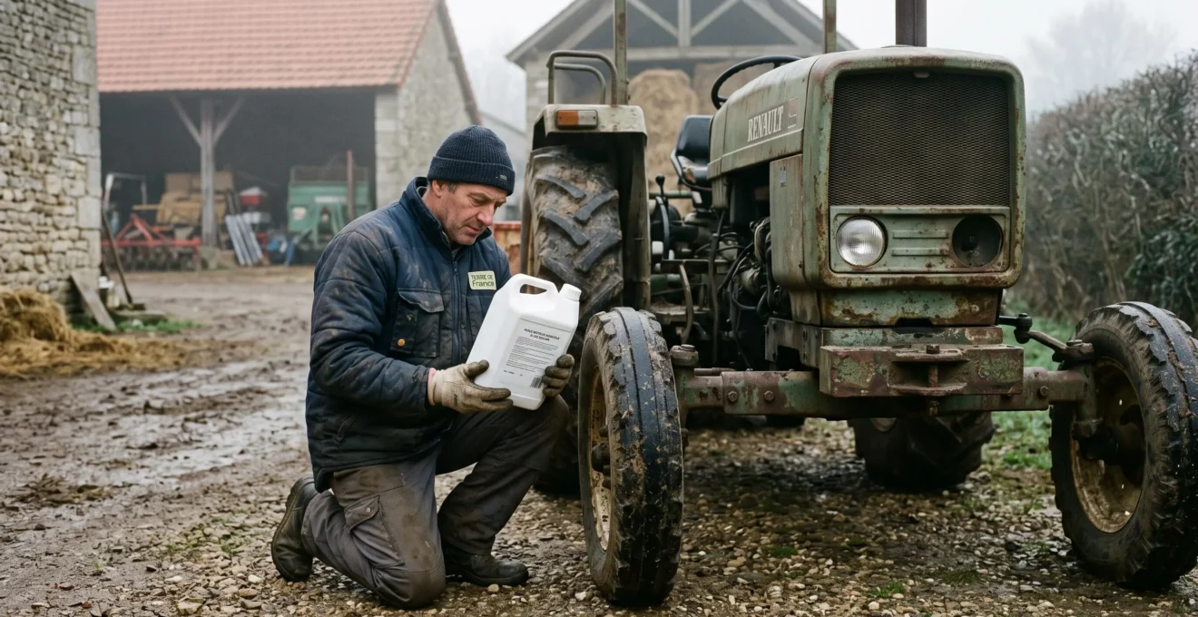 Un agriculteur lit l'étiquette d'un bidon d'huile à côté d'un vieux tracteur dans une cour de ferme française.