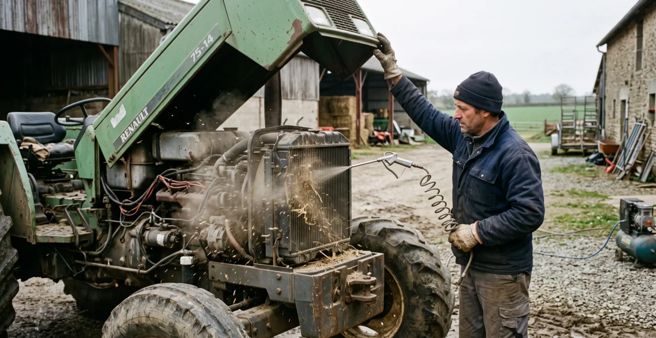 Un agriculteur dépoussière le radiateur de son tracteur avec un souffleur à air comprimé dans une cour de ferme.
