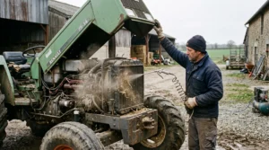 Un agriculteur dépoussière le radiateur de son tracteur avec un souffleur à air comprimé dans une cour de ferme.