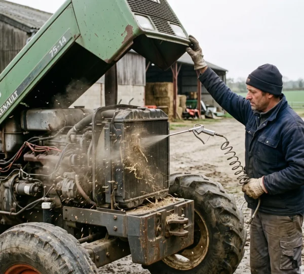 Un agriculteur dépoussière le radiateur de son tracteur avec un souffleur à air comprimé dans une cour de ferme.