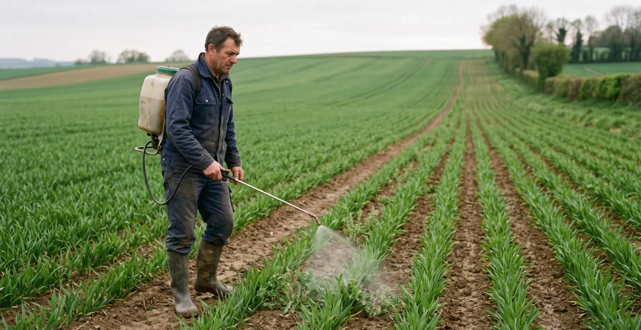 Un agriculteur pulvérise un désherbant au pulvérisateur dorsal sur des mauvaises herbes dans un champ de cultures jeunes, sous un ciel couvert.