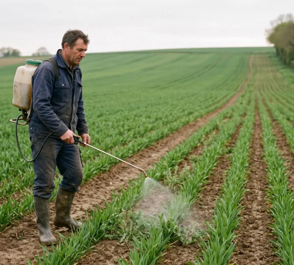 Un agriculteur pulvérise un désherbant au pulvérisateur dorsal sur des mauvaises herbes dans un champ de cultures jeunes, sous un ciel couvert.