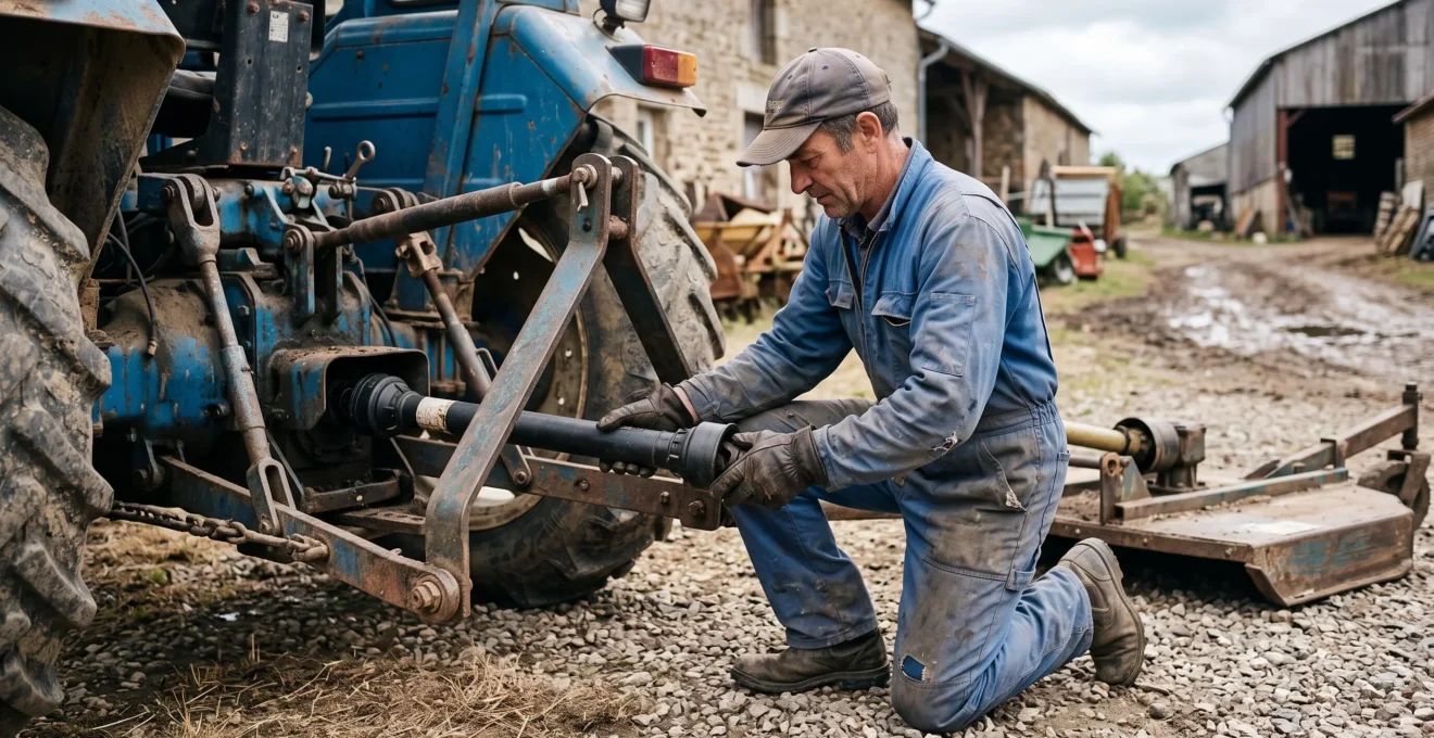 Un agriculteur raccorde un cardan de prise de force à l'arrière de son tracteur dans une cour de ferme.