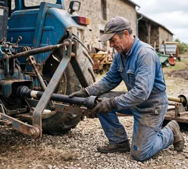 Un agriculteur raccorde un cardan de prise de force à l'arrière de son tracteur dans une cour de ferme.