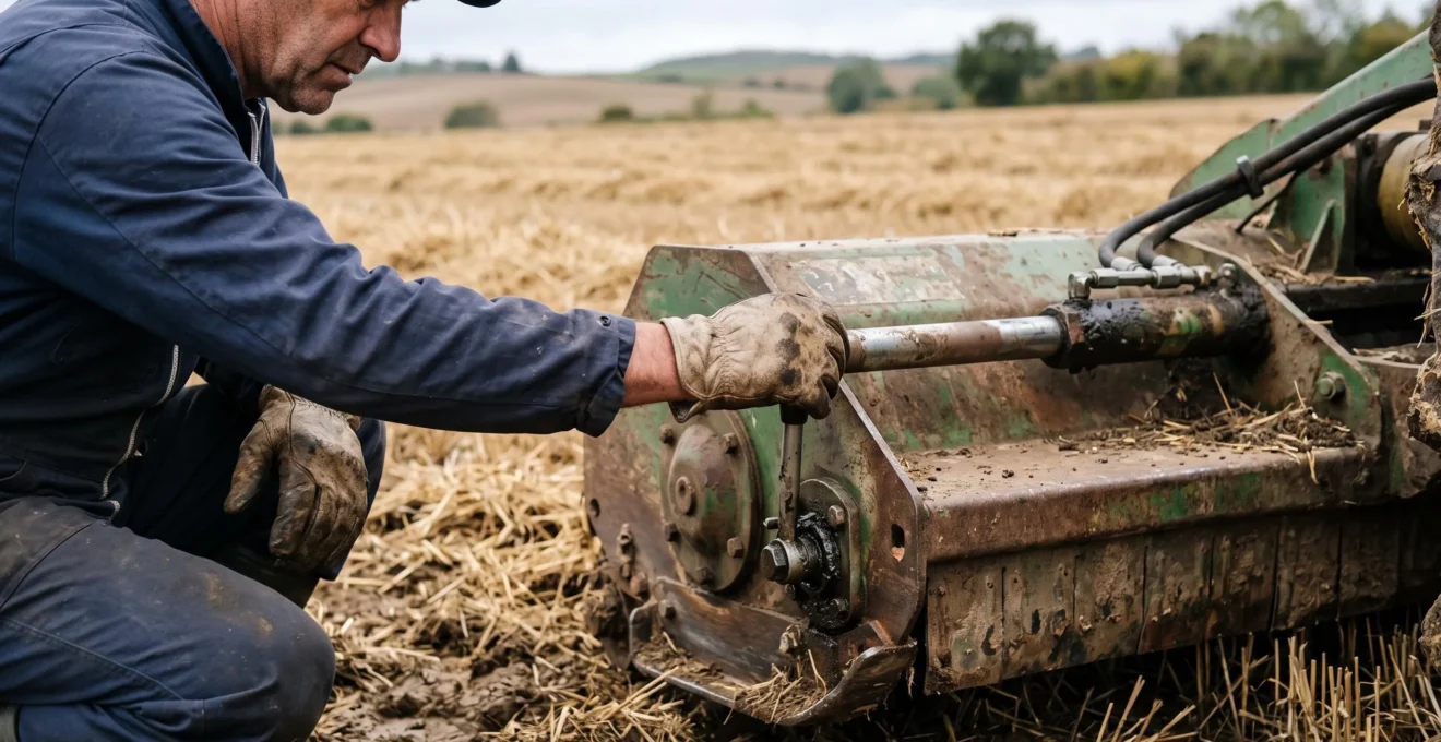 Un agriculteur ajuste le réglage de hauteur de coupe au rouleau arrière de son broyeur à fléaux en bordure de parcelle.