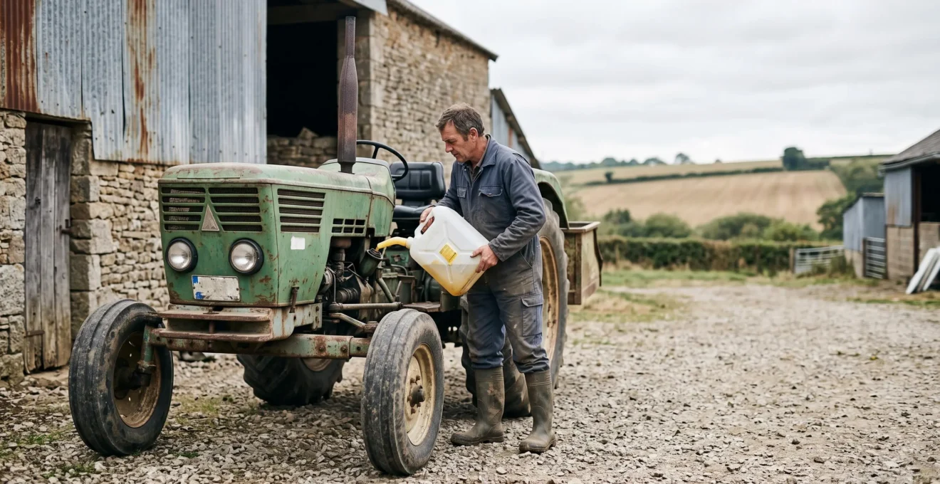 Un agriculteur remplit le réservoir d'un vieux tracteur agricole avec un bidon de carburant dans une cour de ferme française.