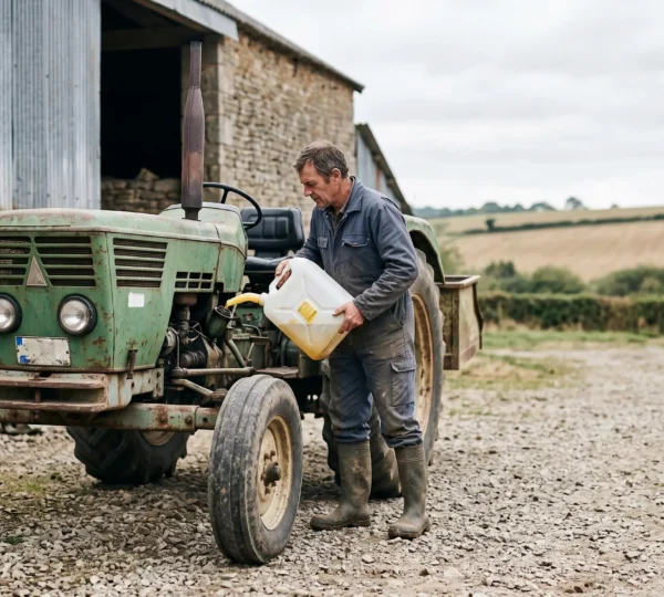 Un agriculteur remplit le réservoir d'un vieux tracteur agricole avec un bidon de carburant dans une cour de ferme française.