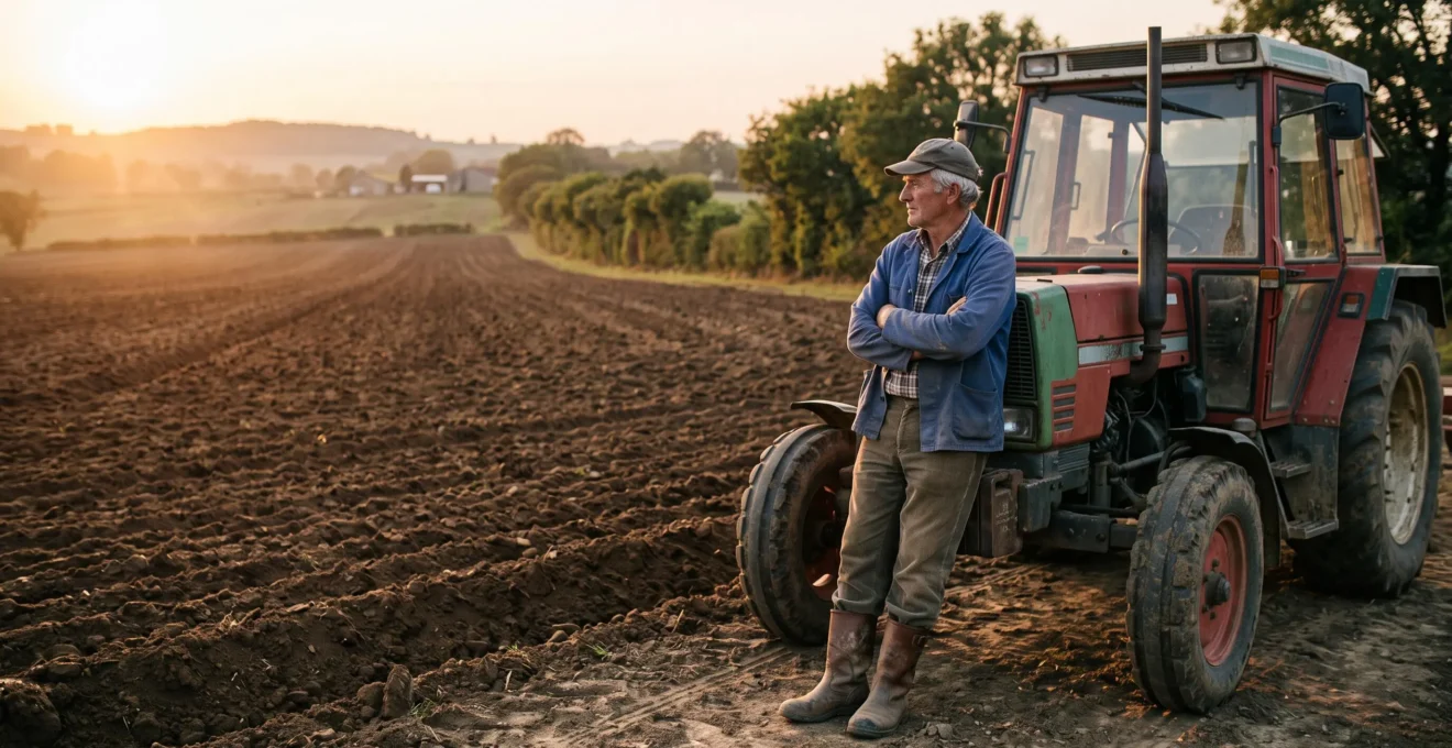Un agriculteur s'appuie contre son tracteur en bordure d'un champ cultivé au coucher du soleil.