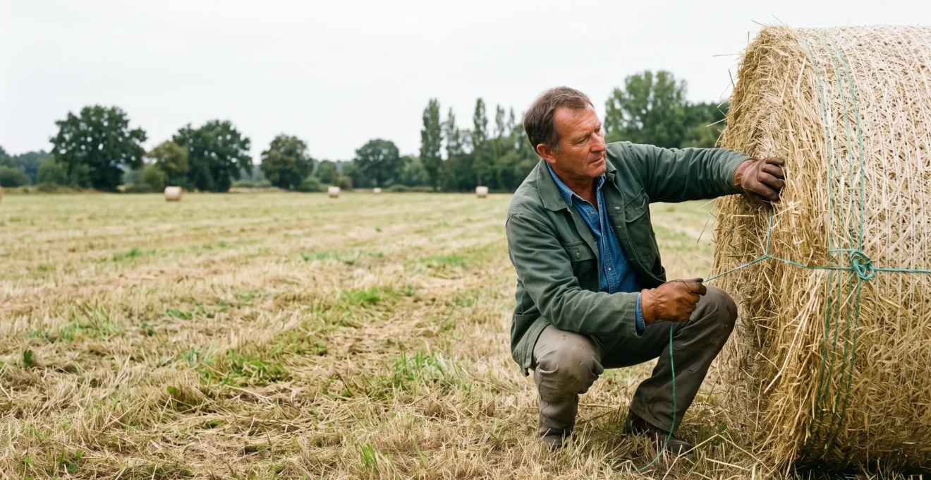 Un agriculteur accroupi vérifie la tension de la ficelle autour d'une botte ronde de foin dans une prairie.