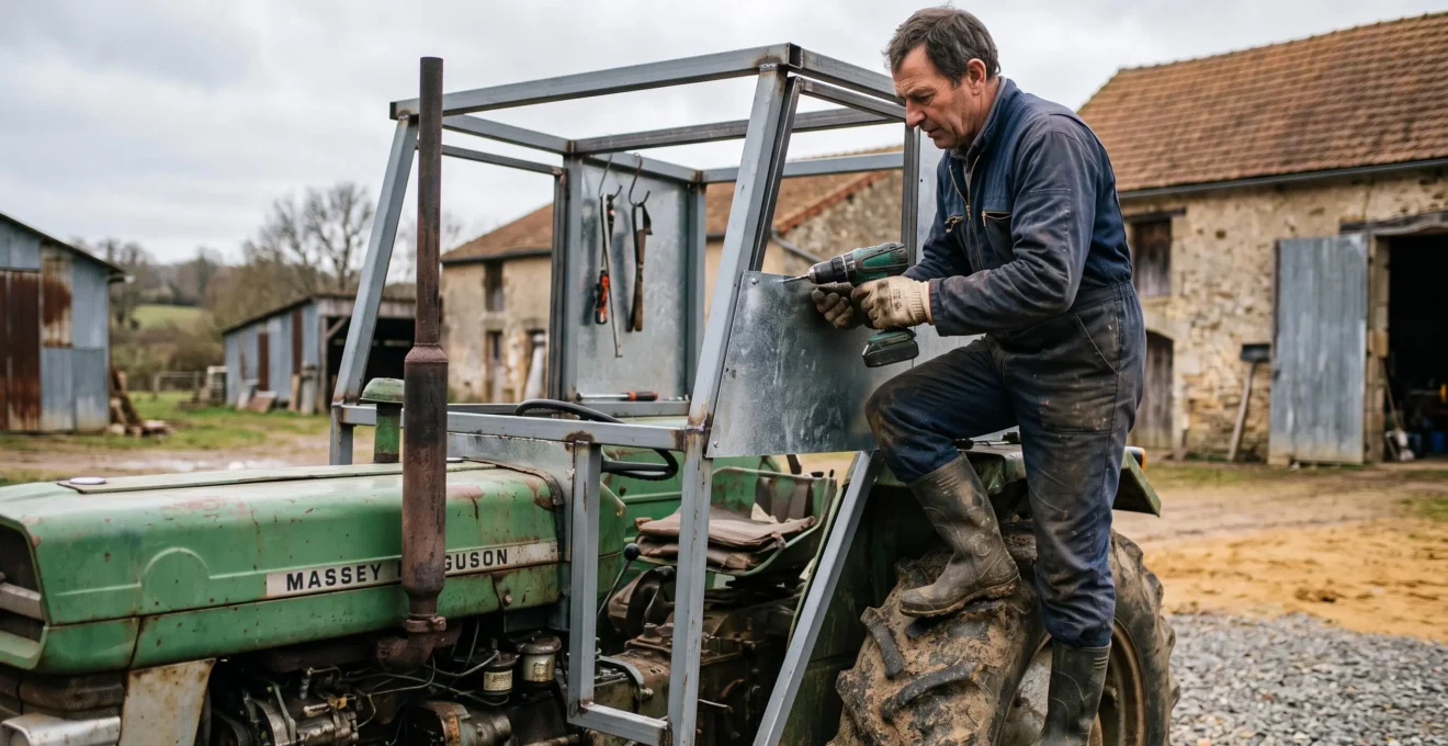 Un agriculteur visse un panneau métallique sur une ossature de cabine de tracteur fabriquée artisanalement dans une cour de ferme.