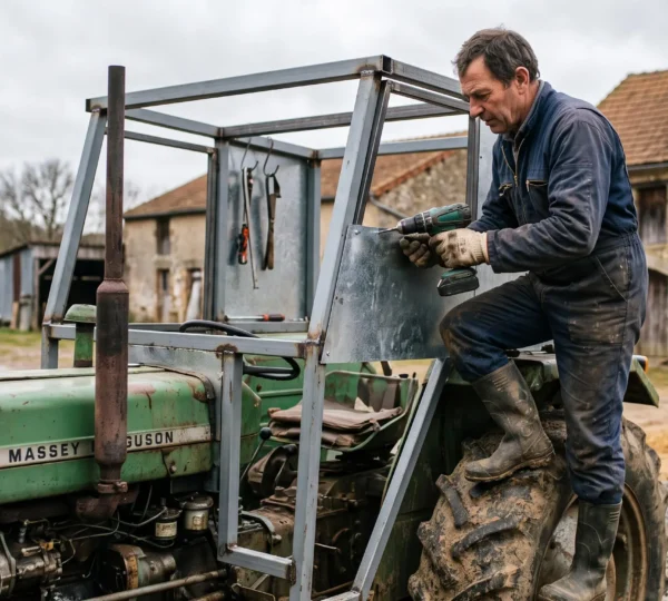 Un agriculteur visse un panneau métallique sur une ossature de cabine de tracteur fabriquée artisanalement dans une cour de ferme.