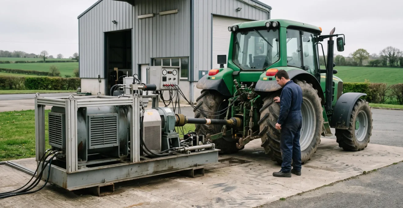 Un technicien inspecte un tracteur relié à un banc d'essai dynamométrique sur une plateforme de test.