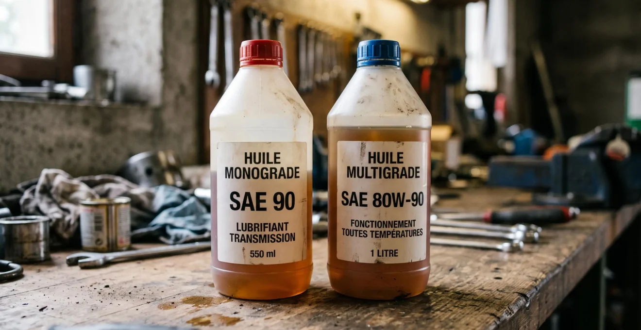 Deux bidons d'huile de transmission côte à côte affichant les grades SAE 90 et SAE 80W-90 sur un établi.