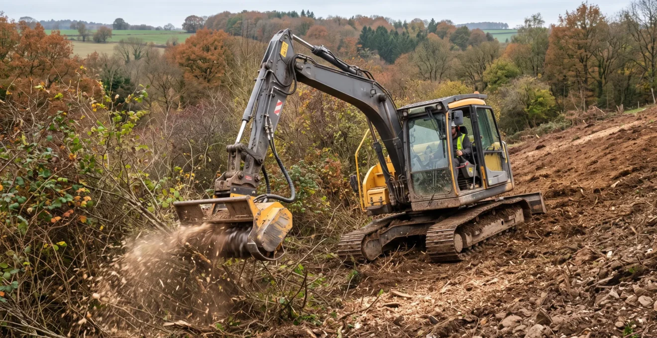 Un broyeur forestier monté sur excavatrice chenillée broie une végétation dense sur un terrain en pente, avec des copeaux de bois projetés au sol.