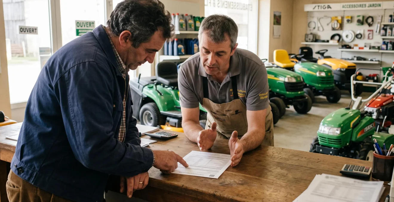 Un client et un vendeur examinent ensemble une fiche d'équipement au comptoir d'un magasin de motoculture.