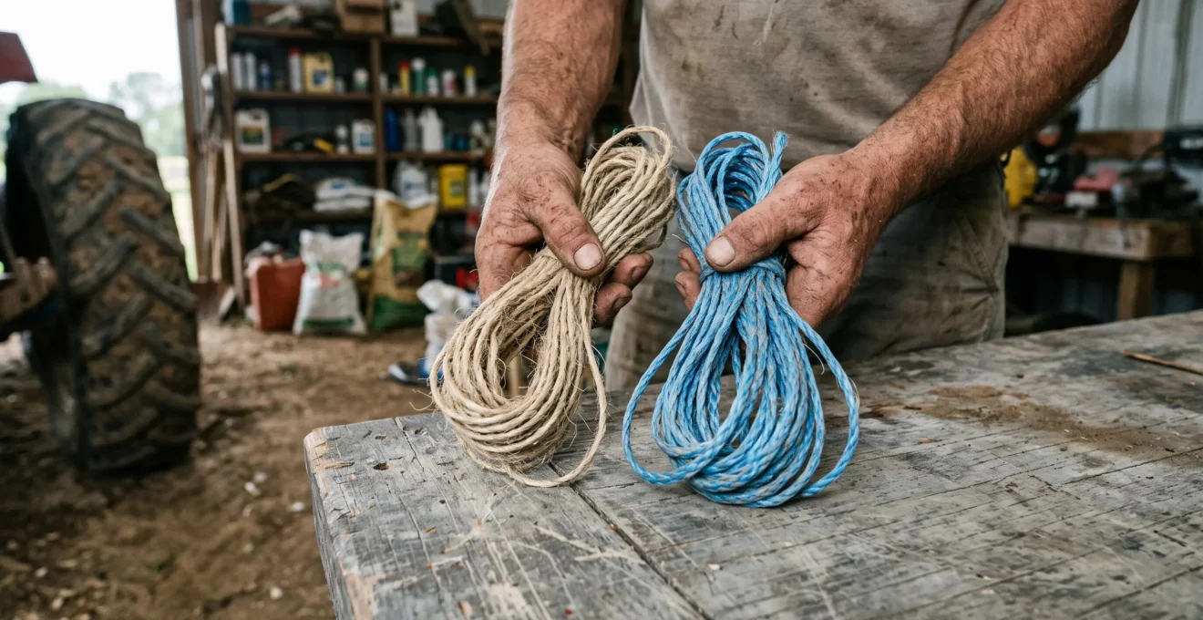 Deux mains comparent une ficelle de sisal et une ficelle de polypropylène sur un établi dans une grange.
