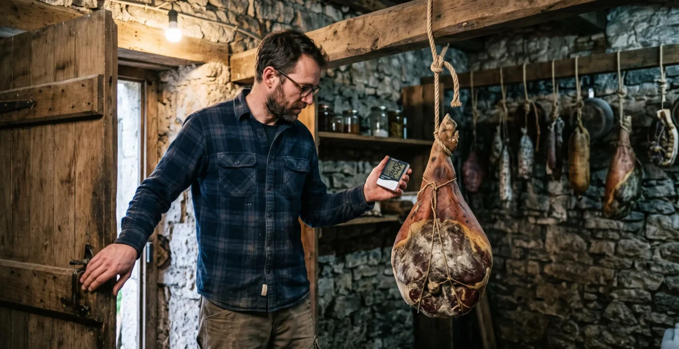 Un homme contrôle la température et l'humidité avec un thermomètre-hygromètre près d'un jambon de sanglier suspendu dans une cave de séchage.