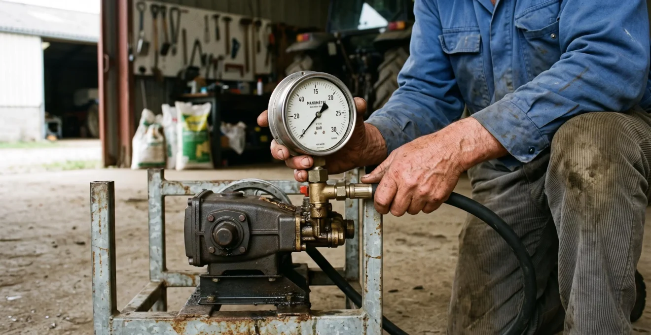 Des mains d'agriculteur contrôlent un manomètre de pression raccordé à la pompe d'un pulvérisateur dans un atelier.