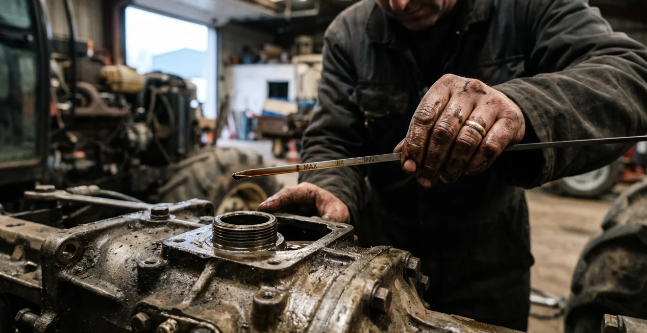 Les mains d'un mécanicien vérifient le niveau d'huile d'une boîte de vitesses de tracteur avec la jauge.