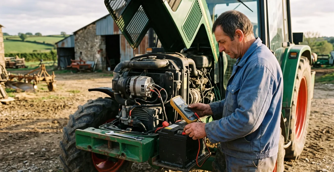 Un agriculteur mesure la tension de la batterie d'un tracteur avec un multimètre après avoir branché l'alternateur.