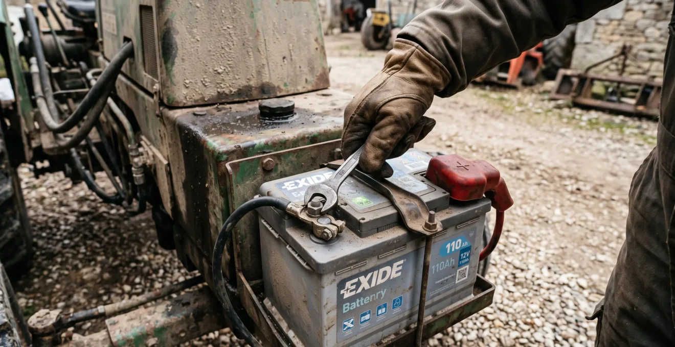 Un agriculteur débranche la borne négative de la batterie d'un tracteur avec une clé à l'aide d'un gant de travail.