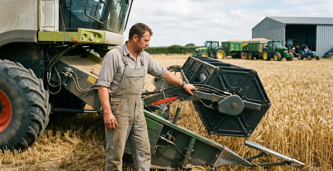 Un entrepreneur de travaux agricoles vérifie la barre de coupe d'une moissonneuse-batteuse dans un champ de blé, avec des tracteurs et un hangar en arrière-plan.